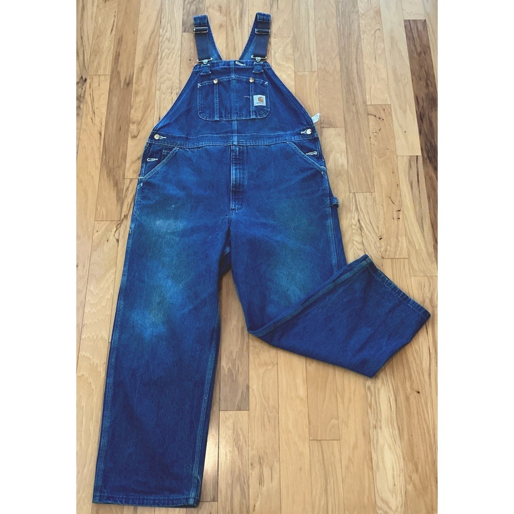 Carhartt Vintage Blue Denim Carpenter Bib Overalls Men's RO8 DNM Size 42x30